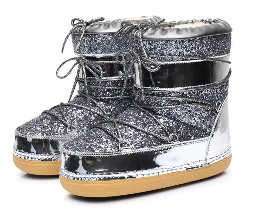 Winter Women Snow Boots Parent-Kid Waterproof Platform Non-slip Boots Children Boys Girls Lace-up Glitter Cotton Ski Boots silver