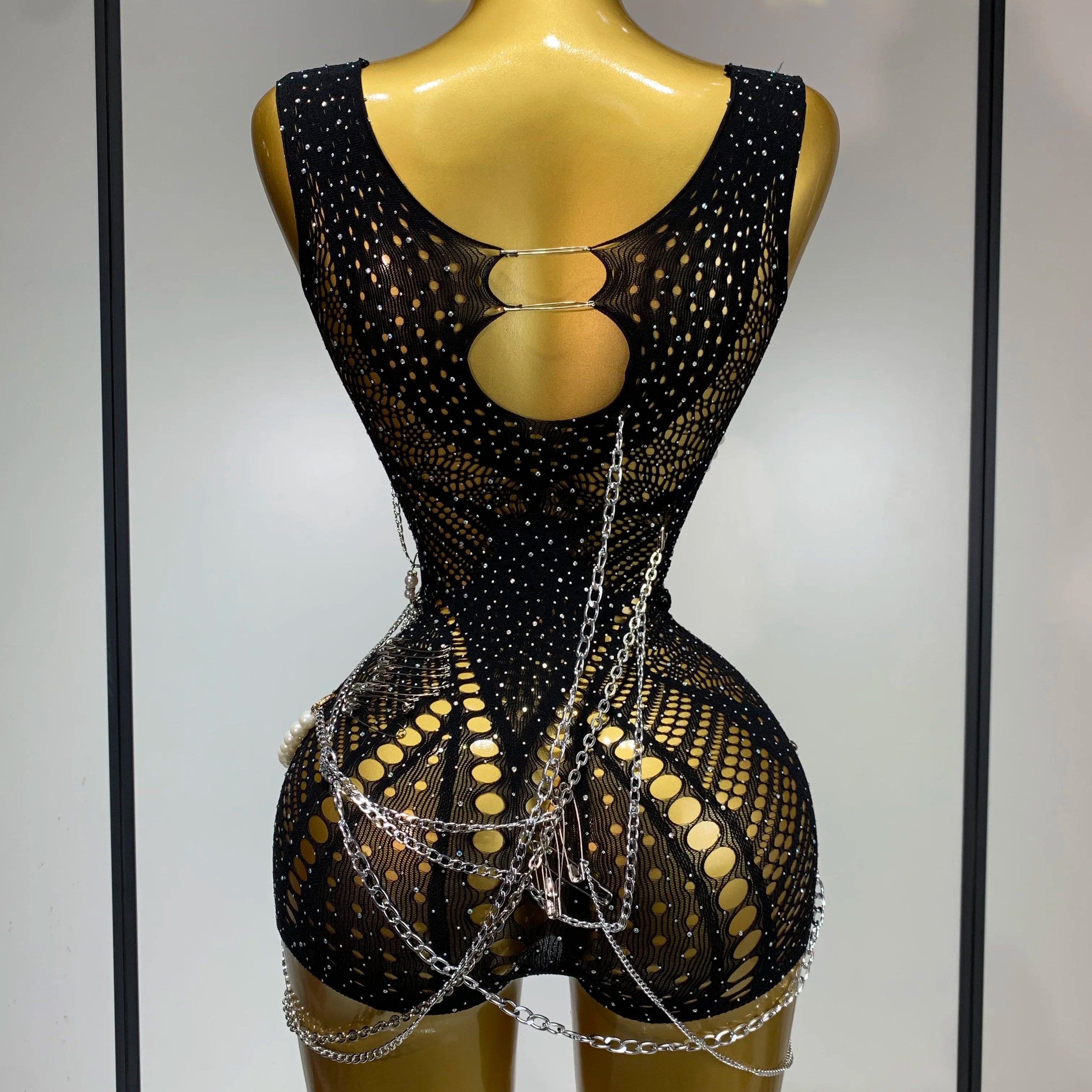 Women Pin Sparkly Crystal Cut Out Sexy Stretch Bodysuit Women Nightclub DJ Clothing Stage Singer Dancer Performance Costume