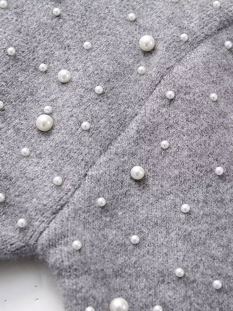Fashion Knitted Pearl Bomber Jackets Women Vintage O-Neck Front Zipper Long Sleeved Female Coat Top Lady Grey Cropped Cardigan
