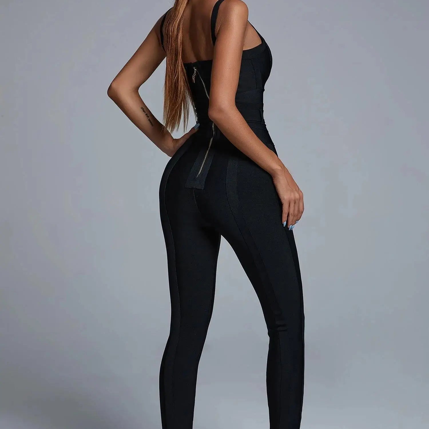 Top Quality White Blue Black V-neck Bodycon Sexy Rayon Bandage Jumpsuit Night Club Party Jumpsuit