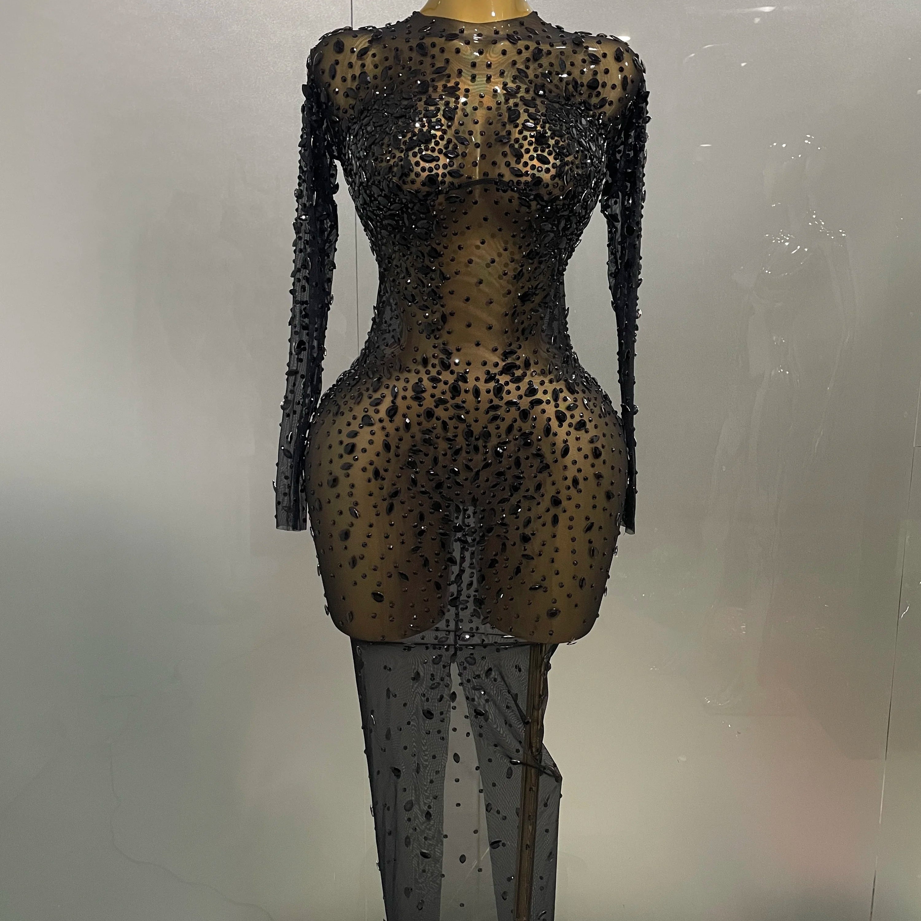 Sexy Shinny Rhinestone Stretch Mesh Transparent Long Dress 2025New Women Evening Birthday Party Prom Nightclub Singer Stage Wear