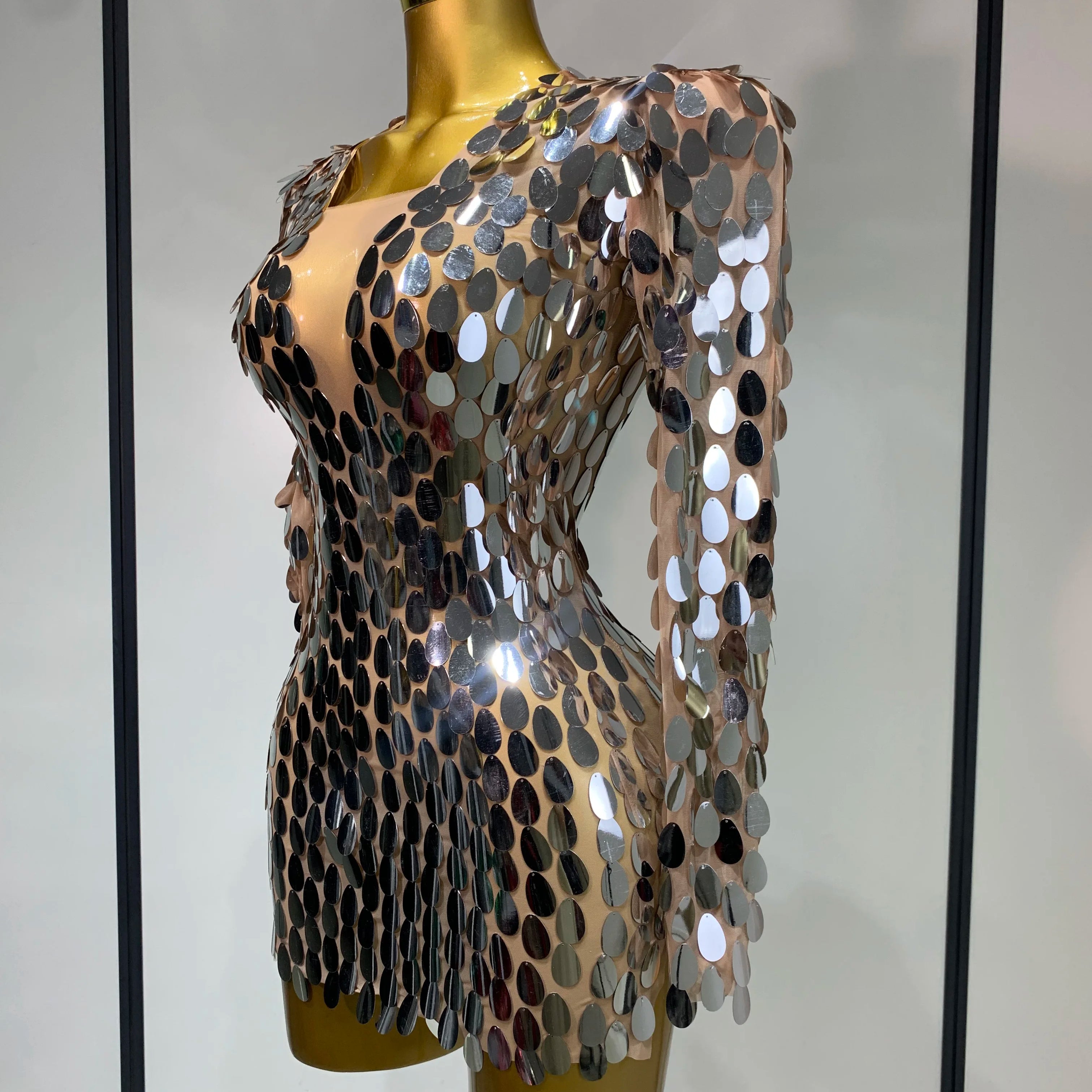 Women Sexy Mesh Stretch Sparkly Sequins Stage Performance Costume Dancer Singer Nightclub Evening Party Luxury Birthday Dress