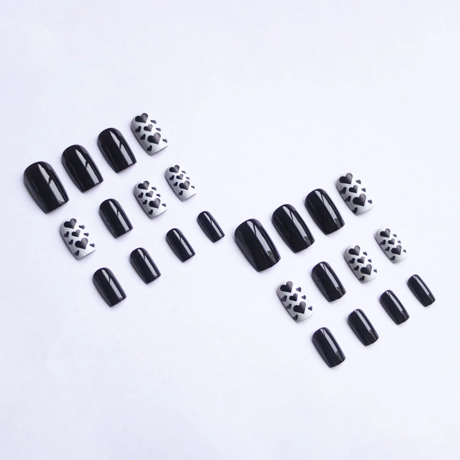 Black Short Square Fake Nails 24Pcs Full Cover Press On Nails Love Heart Printed Cool Girls Valentine's Day Charm Manicure