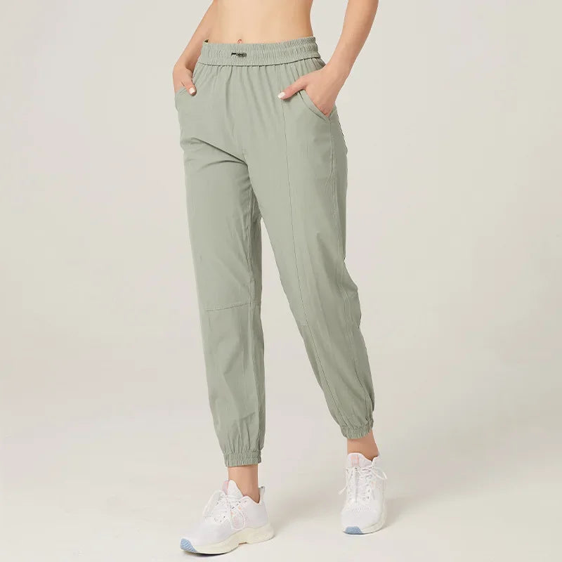 Fabric Drawstring Running Sport Joggers Women Quick Dry Athletic Gym Fitness Sweatpants with Two Side Pockets Exercise Pants Green
