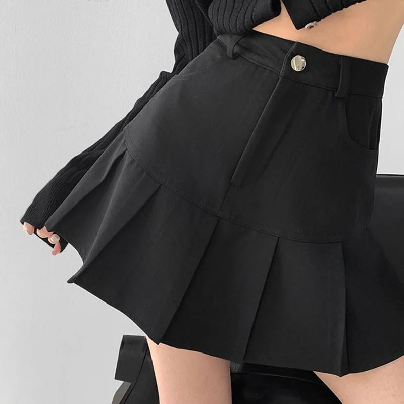 Y2K Vintage High Waist Pleated Skirt Women College Style Uniforms Safety Pants Mini Skirts Woman Korean Street Slim A-Line Skirt black