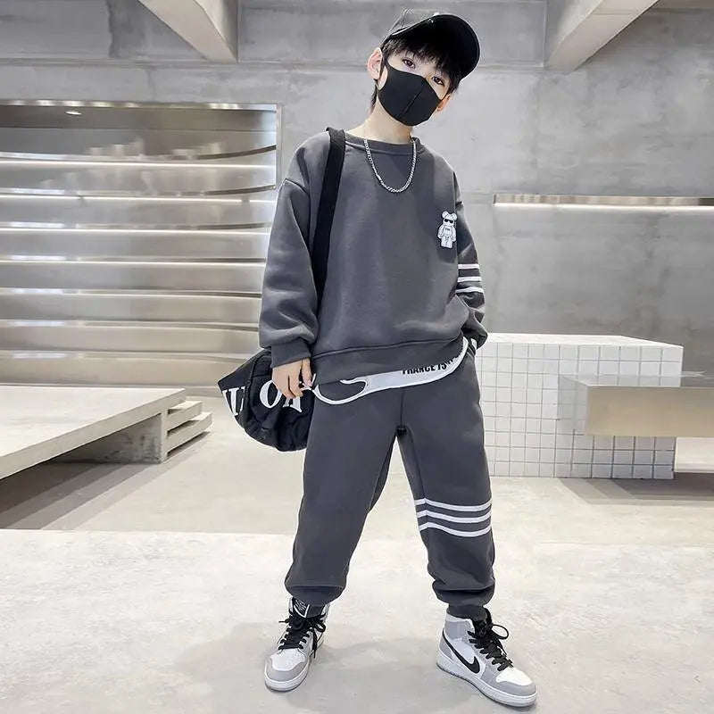 Teenage Boys Autumn Spring Fashion Cotton Suits 5-14 Years Boys Fashion Sweatshirts+Pants Tracksuits Kids Clothes Sets Gray Sets