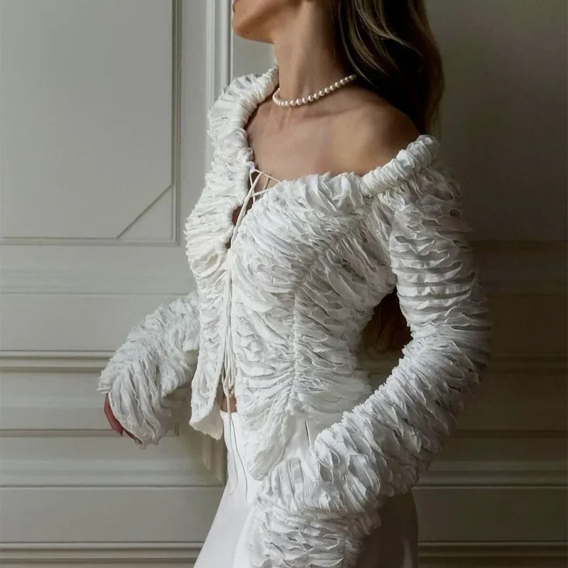 Talenza White Hollow V-neck Top Cardigan Women's Sexy Strappy Solid Color Long Sleeve Top Cardigan Casual Smocked Cardigan Top