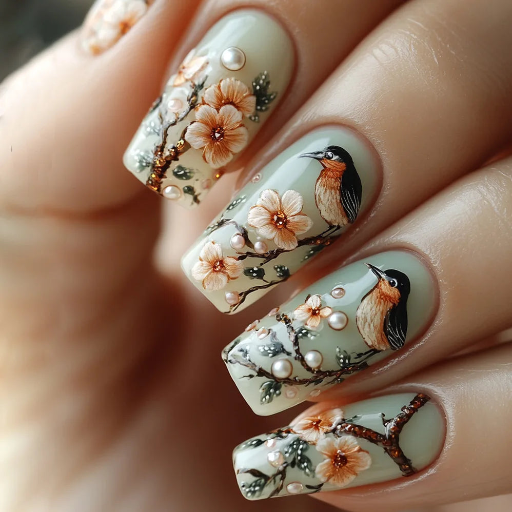 24pcs/set Medium long fake nails yellow dragon flowers feather design for Spring summer Square almond tips press on false nail