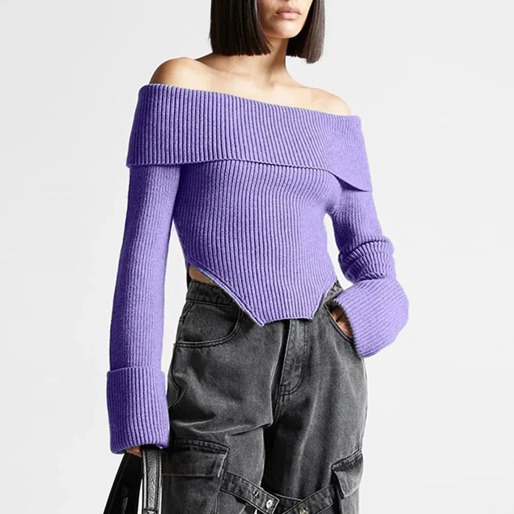 Solid Temperament Sweaters For Women Slash Neck Long Sleeve Tunic Irregular Minimalist Sweater Female Fashion Style