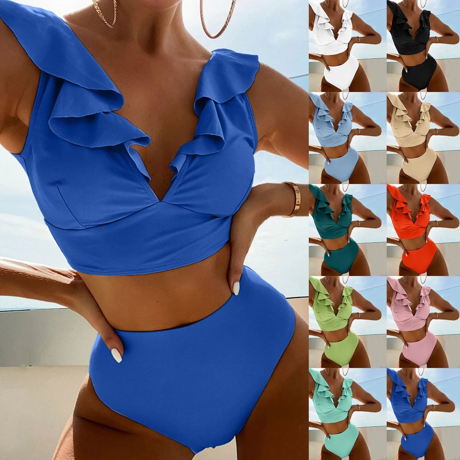 Swimwear Trendy V Neck Ruffle Sexy Bikini Women's Two Piece Swimsuit Solid Colour High Waisted Swimsuit Beachwear Bikini