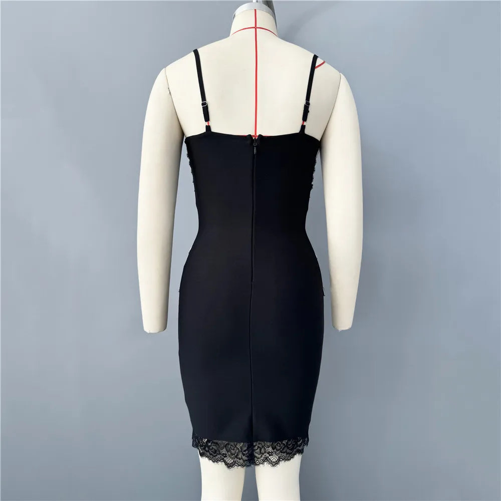 Women Sleeveless Sexy Strap Shinning Crystal Bodycon Mini Bandage Dress Lace Celebrate Nightclub Party Outfit