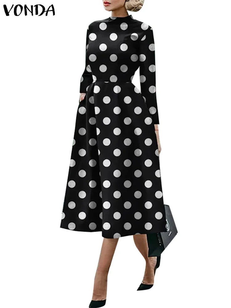 Women Bohemian Maxi Dress 2023 VONDA Fashion Sexy Printed Party Sundress Beach Holiday Dress Oversized Vestidos Femme C-Black