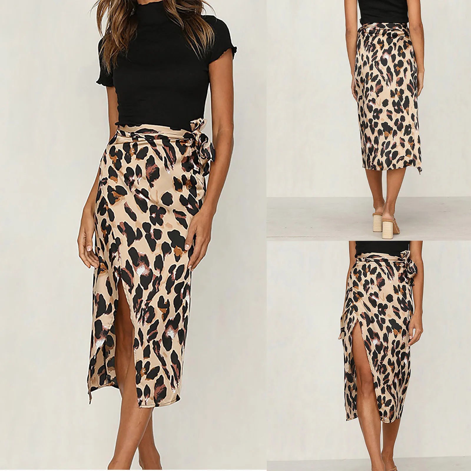 Women Fashion Sexy Mid Long Skirts Office Casual High Waist Simple Leopard Print Split Bow Female Beach Clothes Streetwear Brown