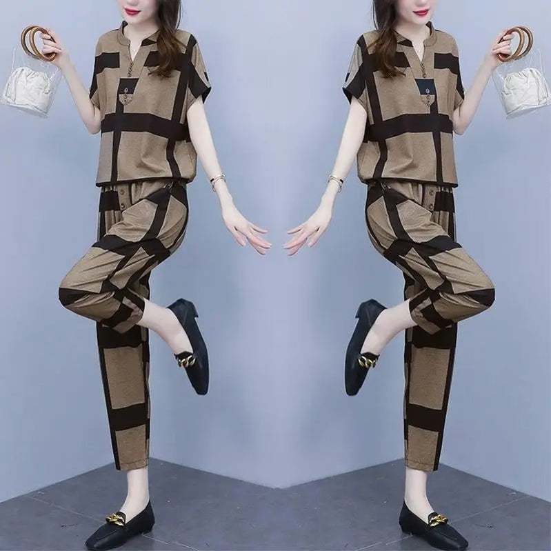 Women's Large Fashion Suit Spring Summer New Korean Casual Loose Plus Size Clothing Short Sleeve Tops Harun Pants Two Piece Sets