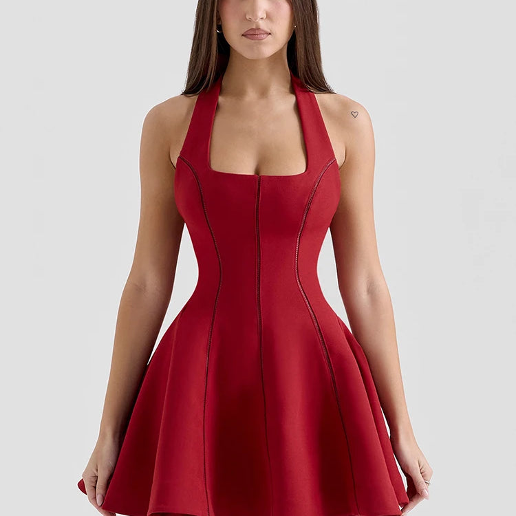 Halter Backless A-line Sexy Mini Dress For Women Robe Fashion Square Collar Sleeveless High Waist Pleated Dress Elegant