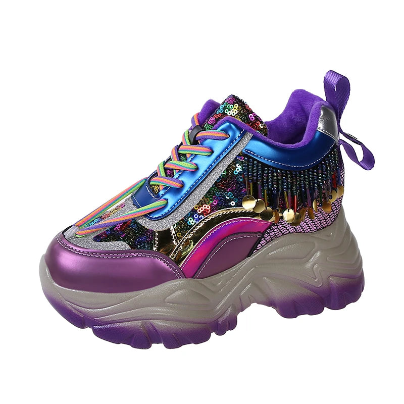 Women Winter Platform Bling Leather Sneakers Warm Plush Shoes Tennis 8CM Wedge Heels Lace-up Chunky Dad Shoes Woman Mujer PURPLE