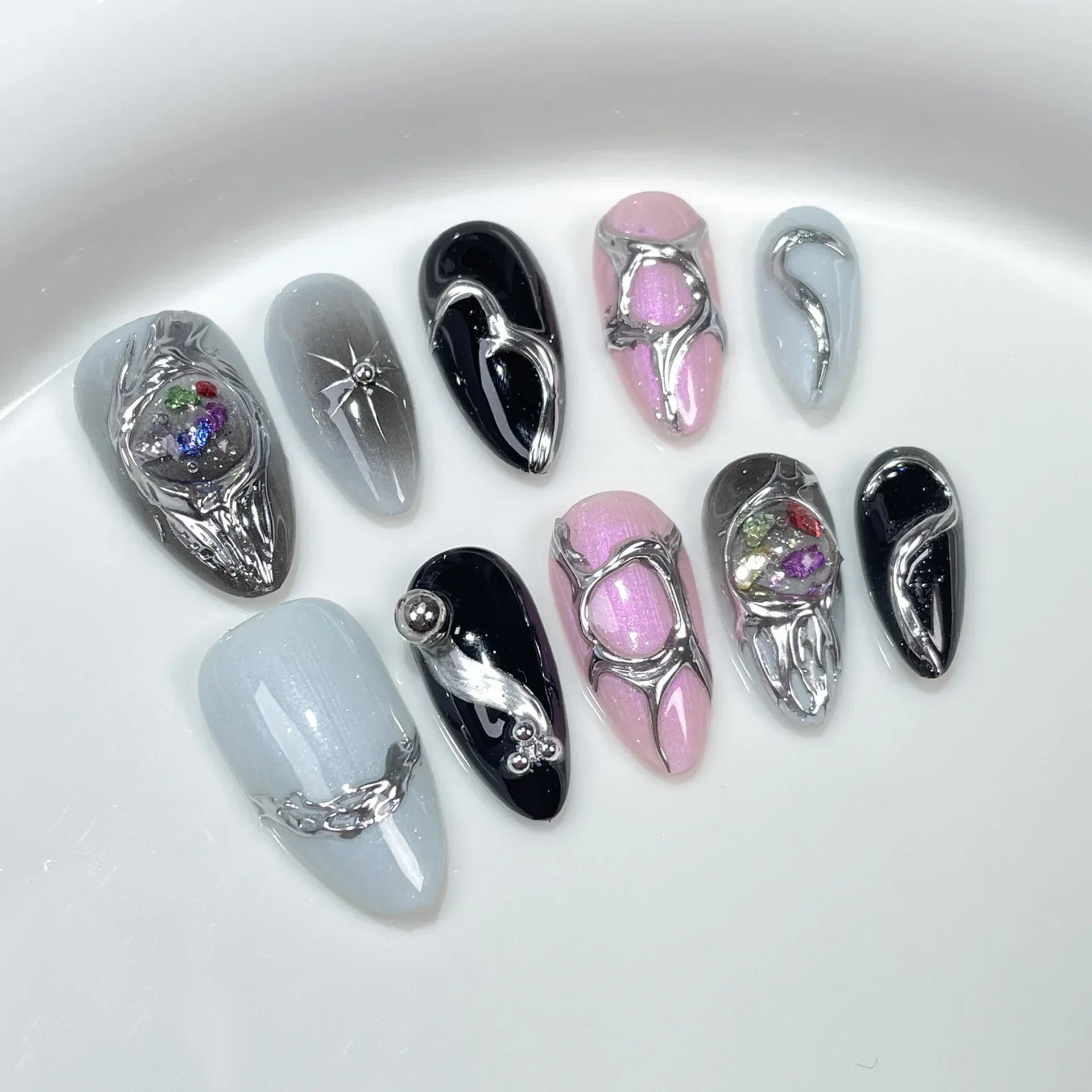 10Pcs Metallic Almond Handmade Fake Nails with Glue Sweet Cool Gel Nail Press on Dark Color Full Cover False Manicure Nail Tips