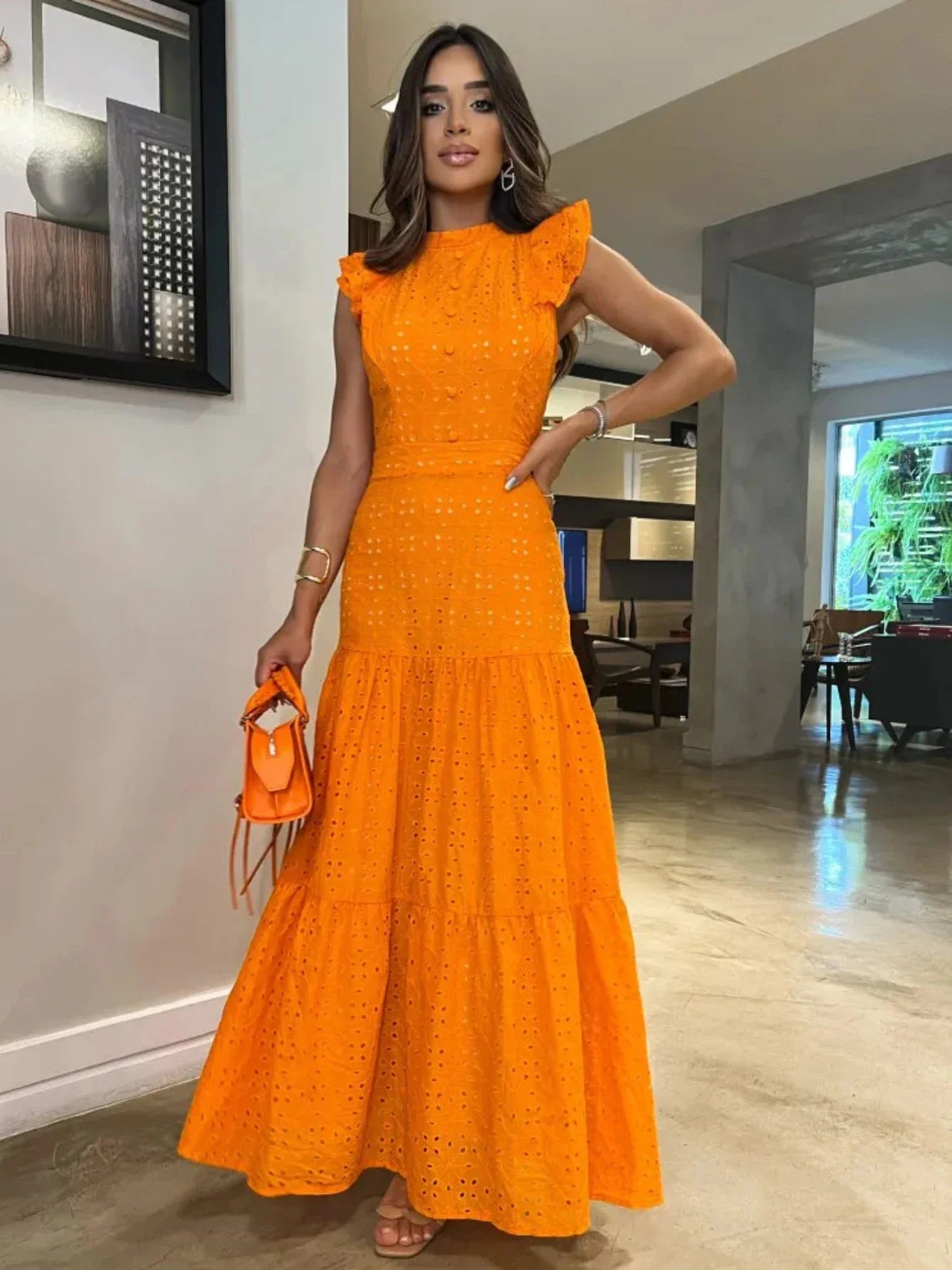 Bohemian Solid Hollow Out Elegant Women Dress O Neck Flying Sleeve Button Long Dress Summer Chic Casual Beach Women Clothing PI23476O1