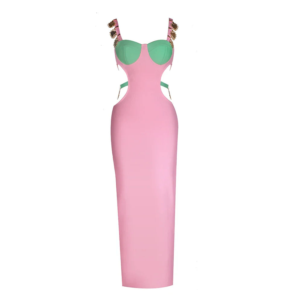 High Quality 3 Colors Women Sleeveless Sexy Sequined Hollow Out Bodycon Long Rayon Bandage Fashion Cocktail Birthday Maxi Dress Pink