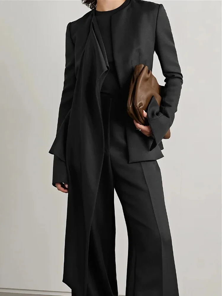 TWOTWINSTYLE Solid Asymmetrical Blazers For Women Round Neck Long Sleeve Tunic Minimalist Blazer Female Fashion Style Clothes