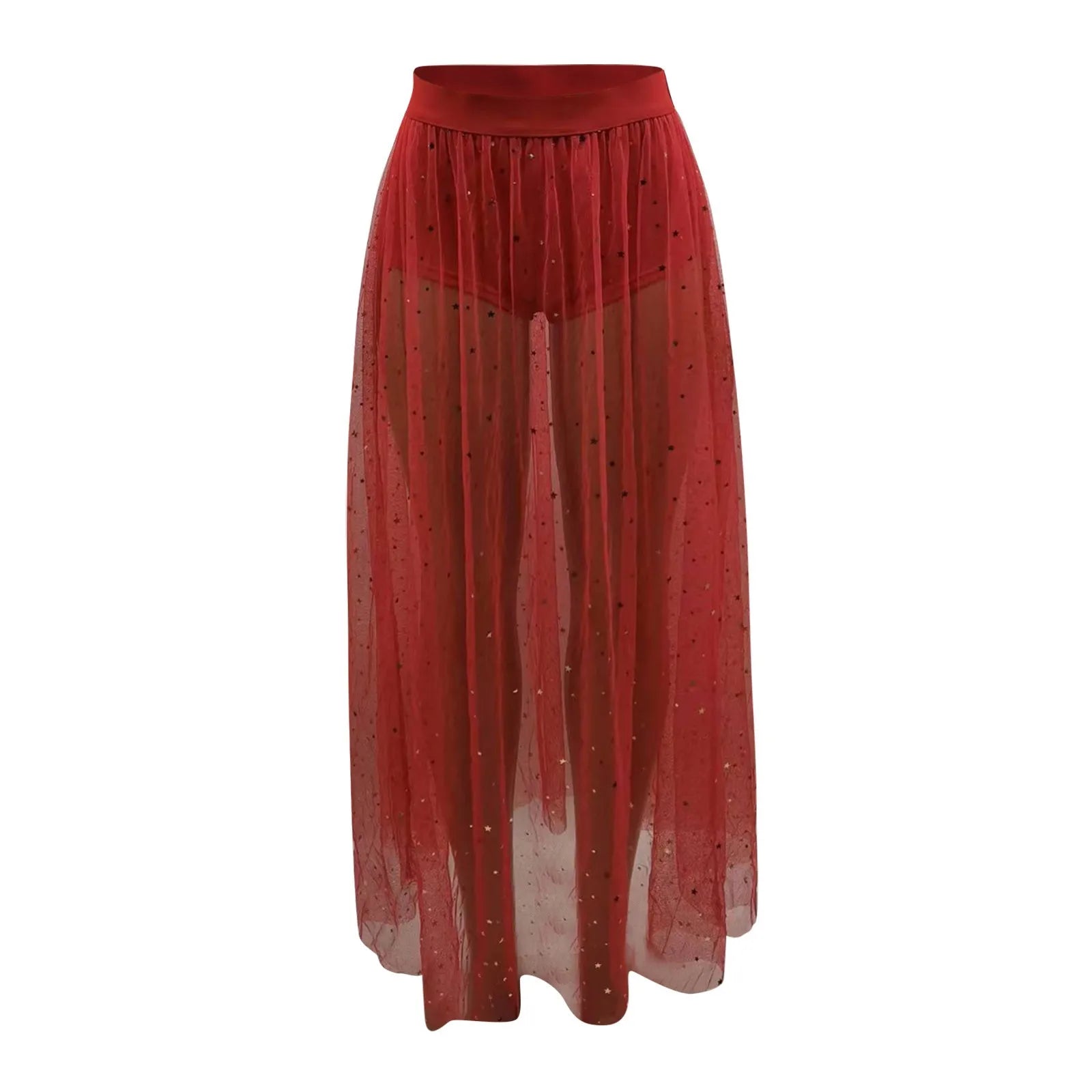 Women's Sheer Mesh Skirt 2 In 1 High Waist Sexy Galaxy Print A Line Maxi Skirt Chic And Elegant Club Evening Skirt Dress Female Red