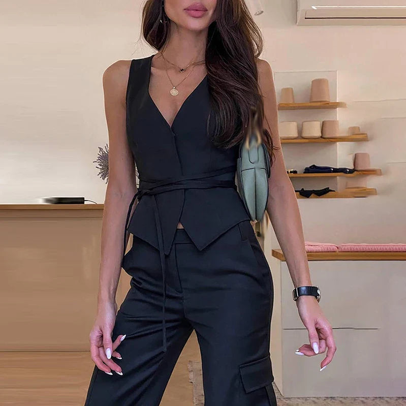 Elegant Chic Lace-up V-neck Women Vest Solid Slim Sleeveless Tops Female Spring Summer Fashion Sexy Lady Streetwear black