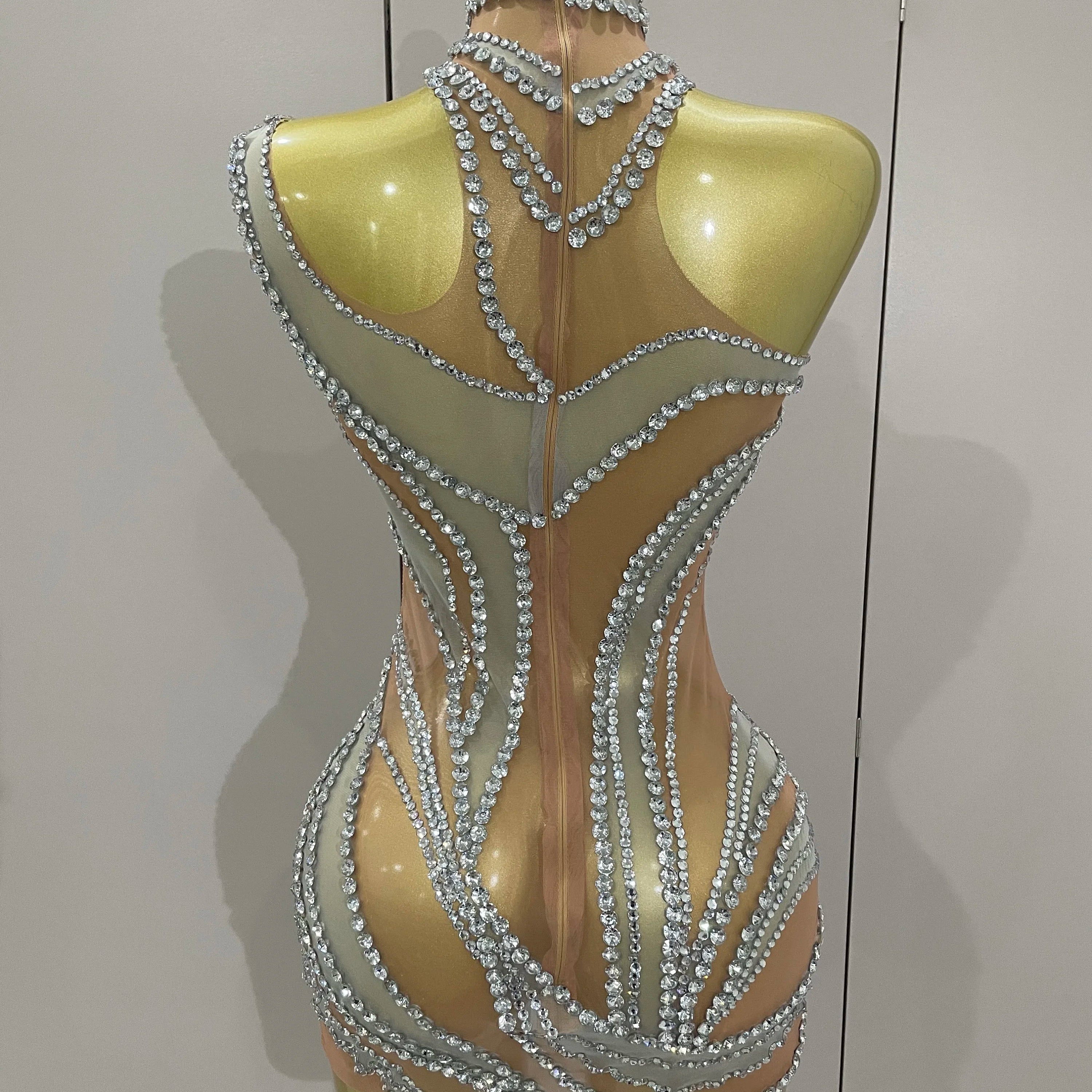 Luxury Sparkly Crystals See Through Mini Dress 2025Women Celebrate Birthday Party Gowns Singer Performance Stretch Stage Costume