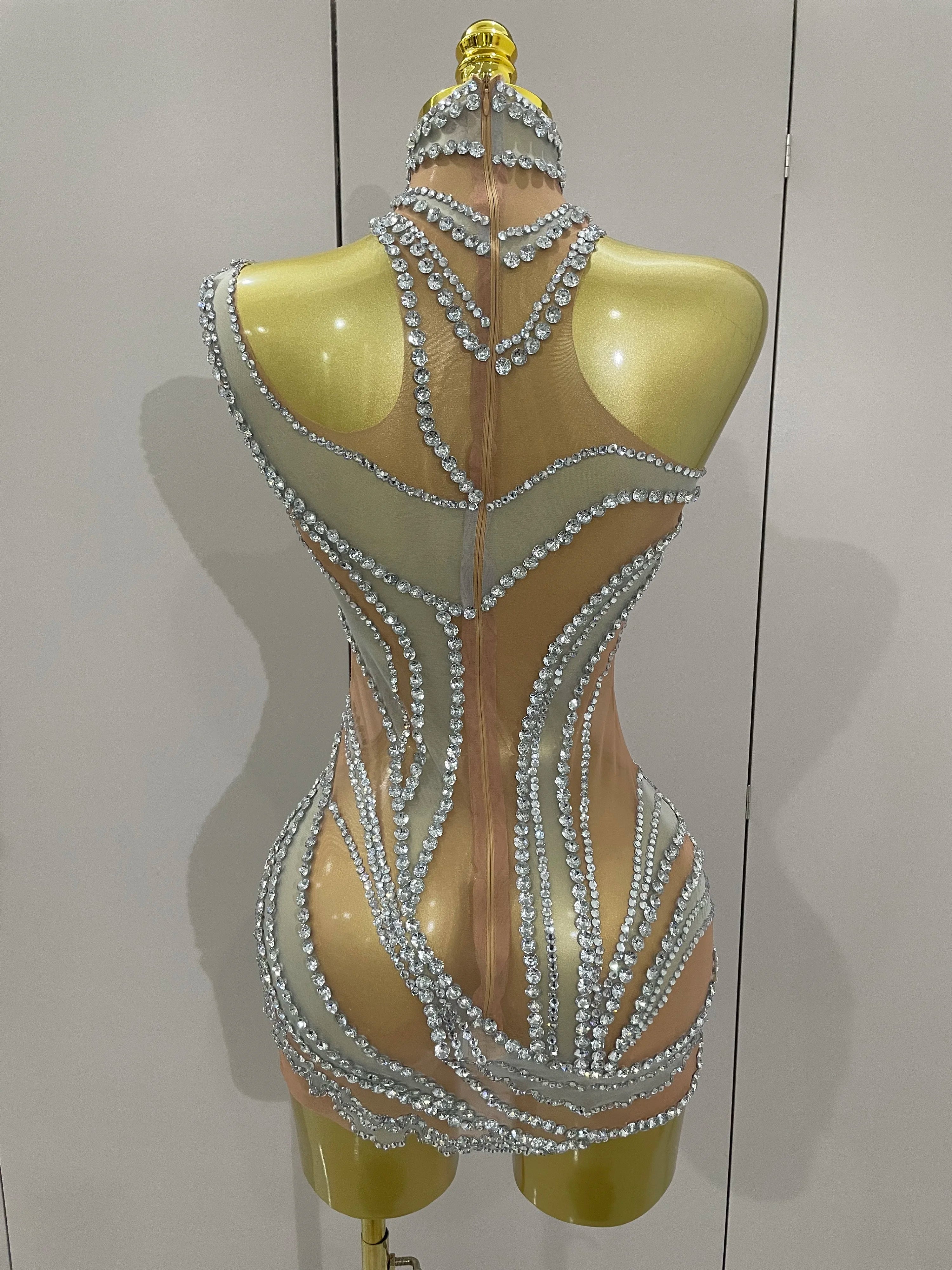 Luxury Sparkly Crystals See Through Mini Dress 2025Women Celebrate Birthday Party Gowns Singer Performance Stretch Stage Costume