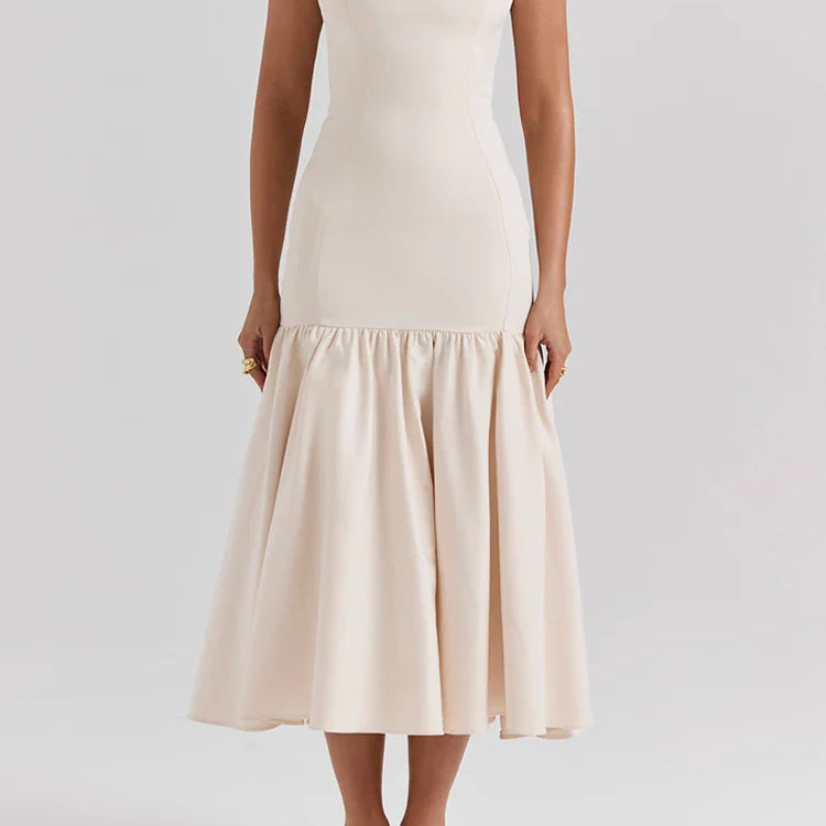 Tossy White Ruffled Patchwork Maxi Dress Female Fashion Slim High Waist Backless Pleated Summer Strapless Female Long Dress 2024