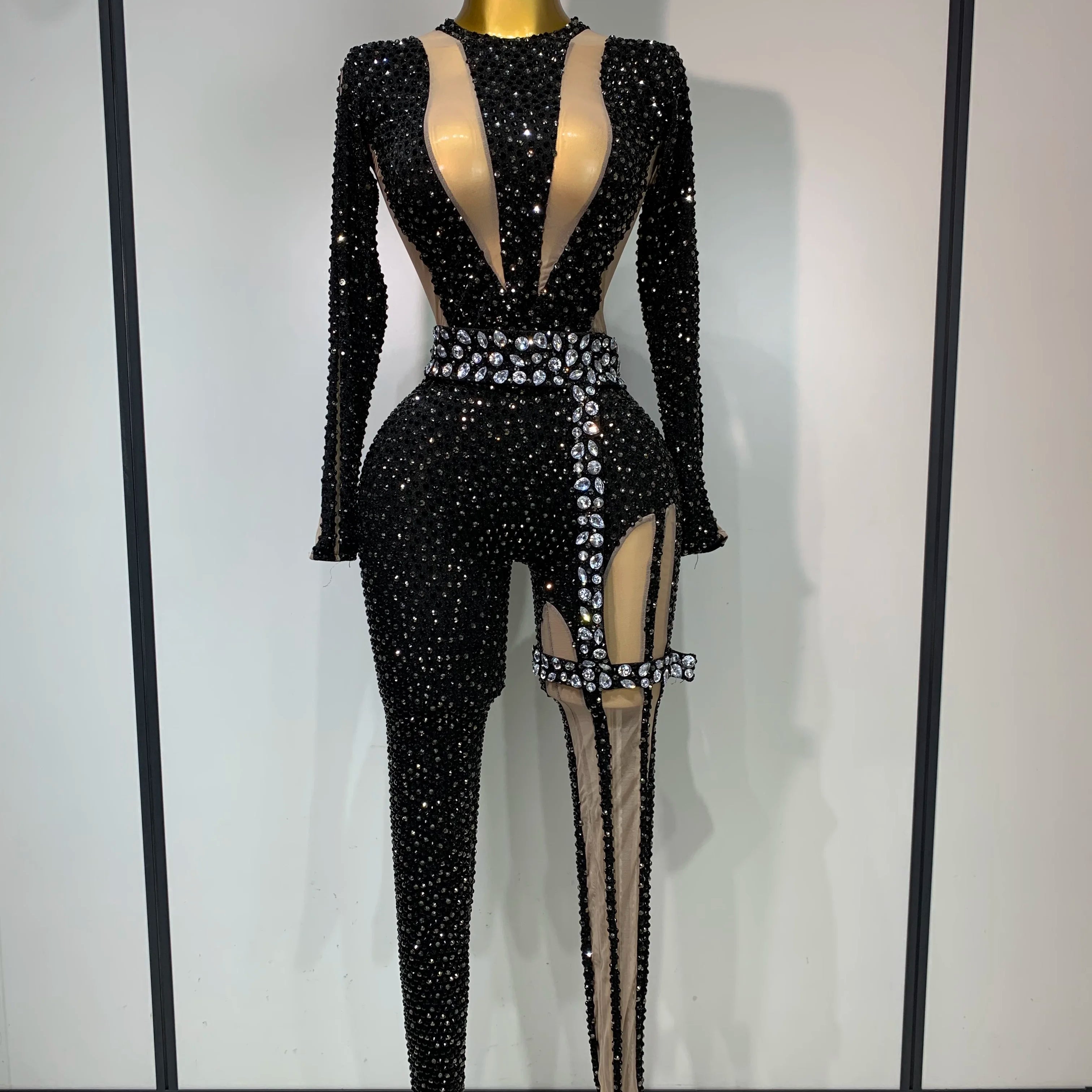 Sexy Sparkly Diamond Black Long Sleeves Bodycon Mesh Jumpsuit Evening Party Nightclub Bar Singer Performance Stage Costume