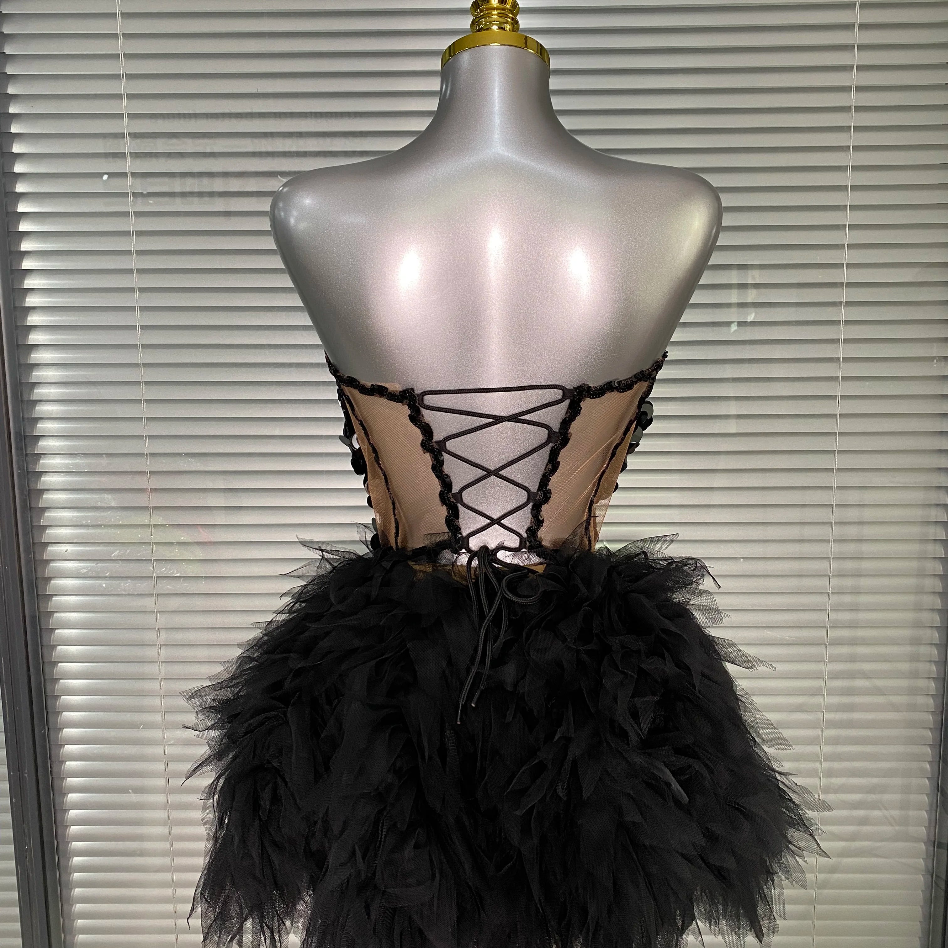 Women Sexy Sequins Black Two Pieces Set Tutu Night Club Skirt Suits Singer Dancer Stage Performance Costume