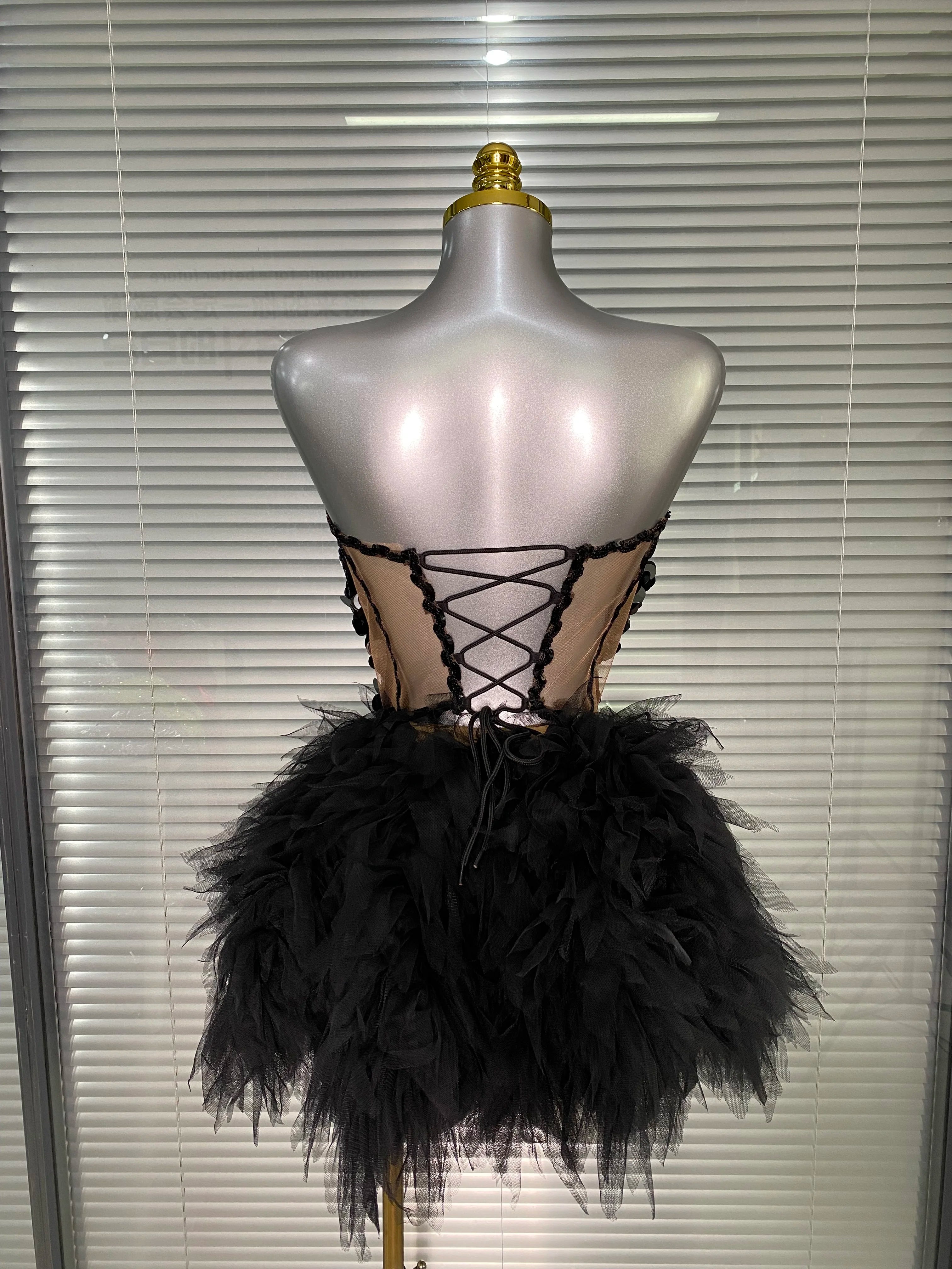 Women Sexy Sequins Black Two Pieces Set Tutu Night Club Skirt Suits Singer Dancer Stage Performance Costume