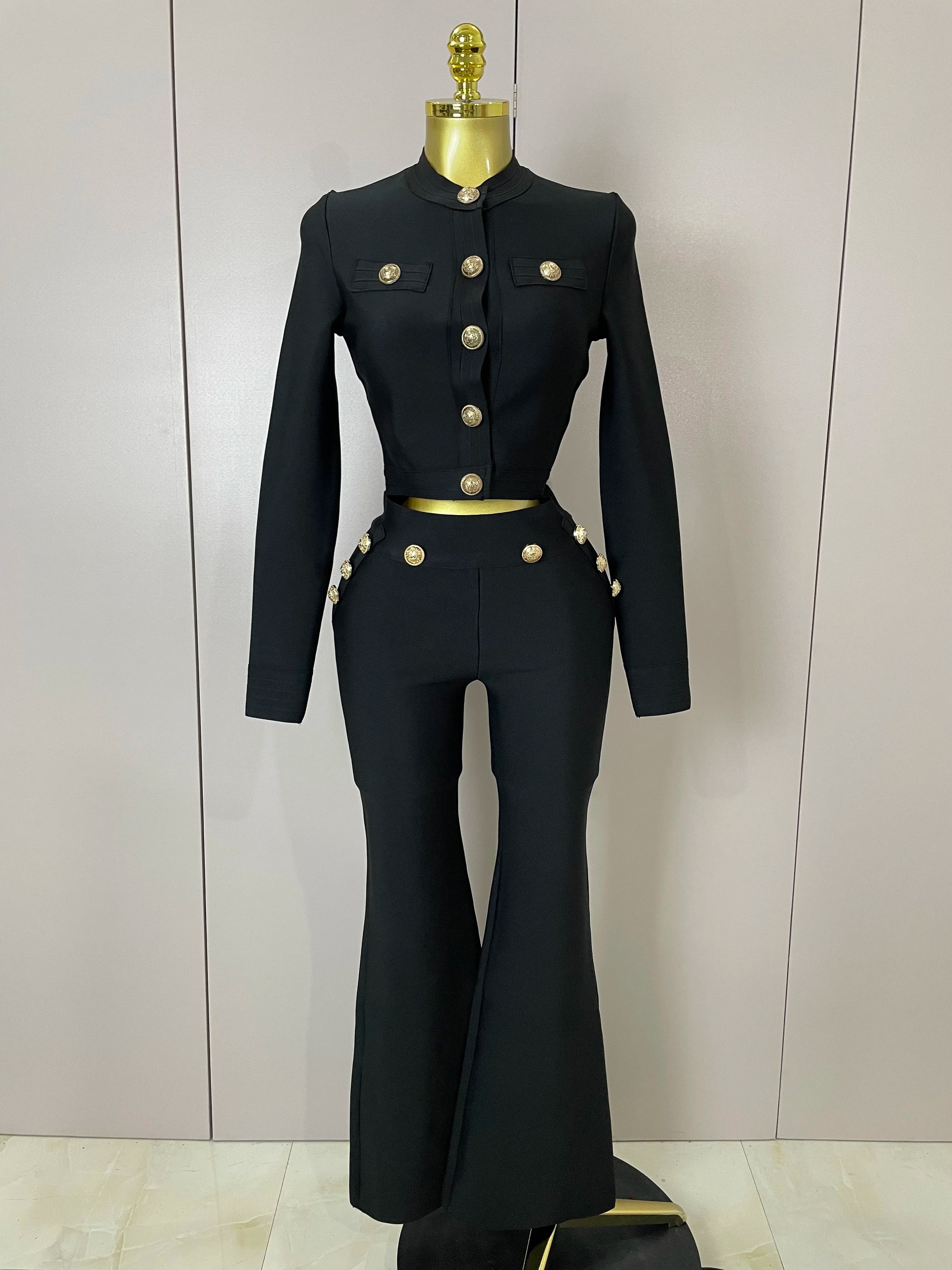 2025 New High Quality Golden Buttons Short Coat Top And Flare Pants Bandage 2 Pieces Set Woman Celebrity Evening Party Vestidos