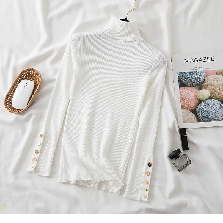 Thick Sweater Pullovers Long Sleeve Tops Women Autumn Winter Clothes Slim Knit Soft Jumper Streetwear Button Turtleneck Sweater white One Size