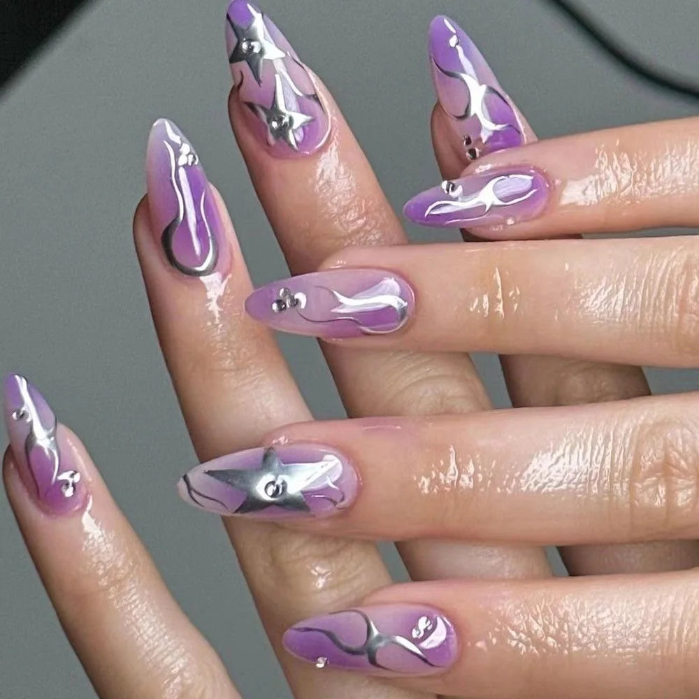24Pcs Short Pink Fake Nails with French Gradient Design Wearable Almond False Nails Tips Golden Stripe Detachable Press on Nails