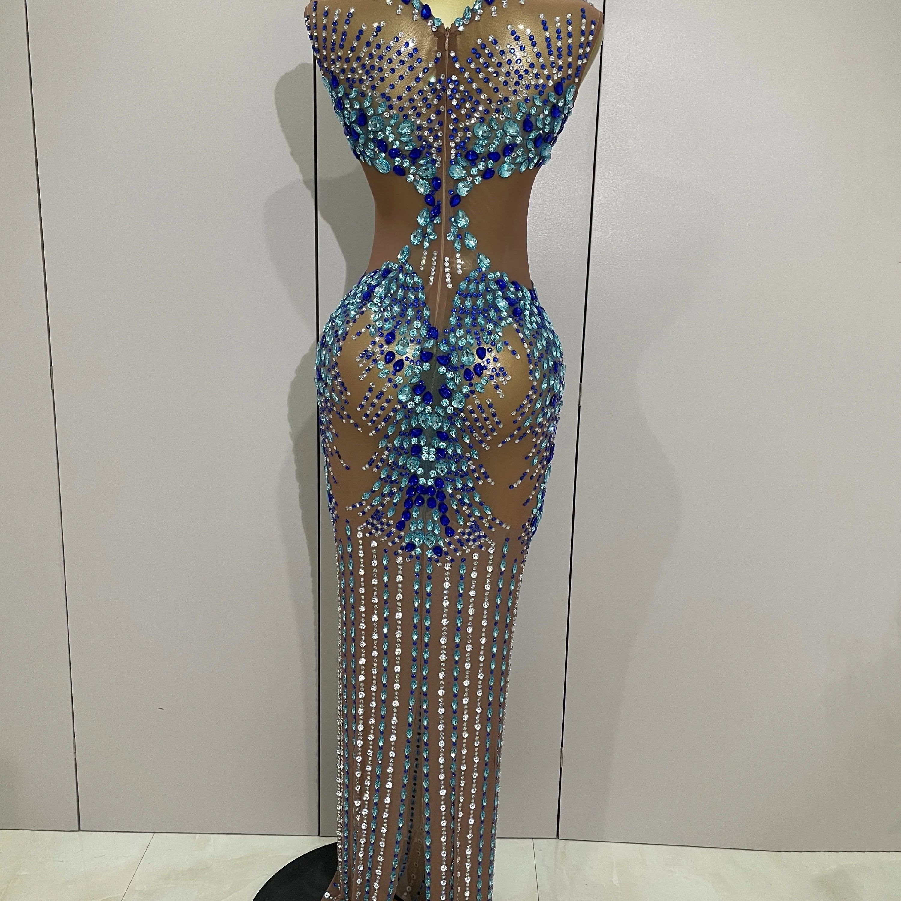 Luxury Sparkly Rhinestones Nude Sexy Mesh Maxi Dress 2025Women Evening Birthday Party Elegant Gown Show Red carpet Stage Costume