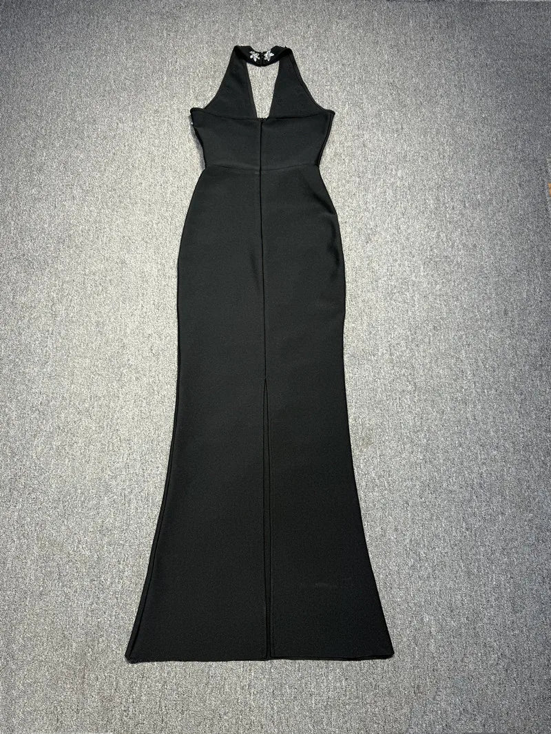 Women Sleeveless Sexy Halter Off the Shoulder Shinning Crystal Bodycon Long Bandage Dress Celebrate Evening Outfit