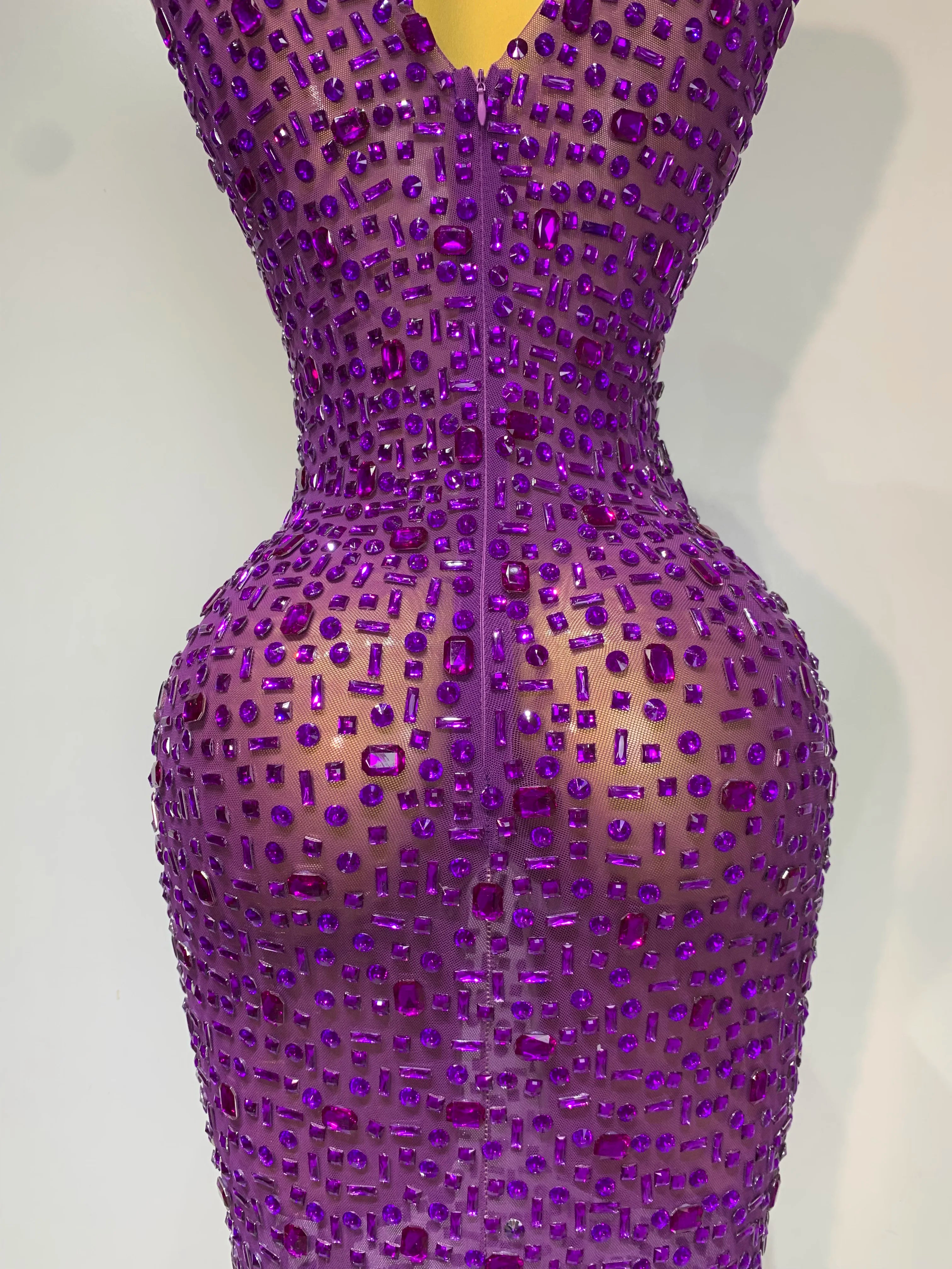 Sparkly Rhinestone Sleeveless Stretch Long Dress Women Sexy Mesh Celebrate Evening Prom Luxury Birthday Dress Evening Party Wear