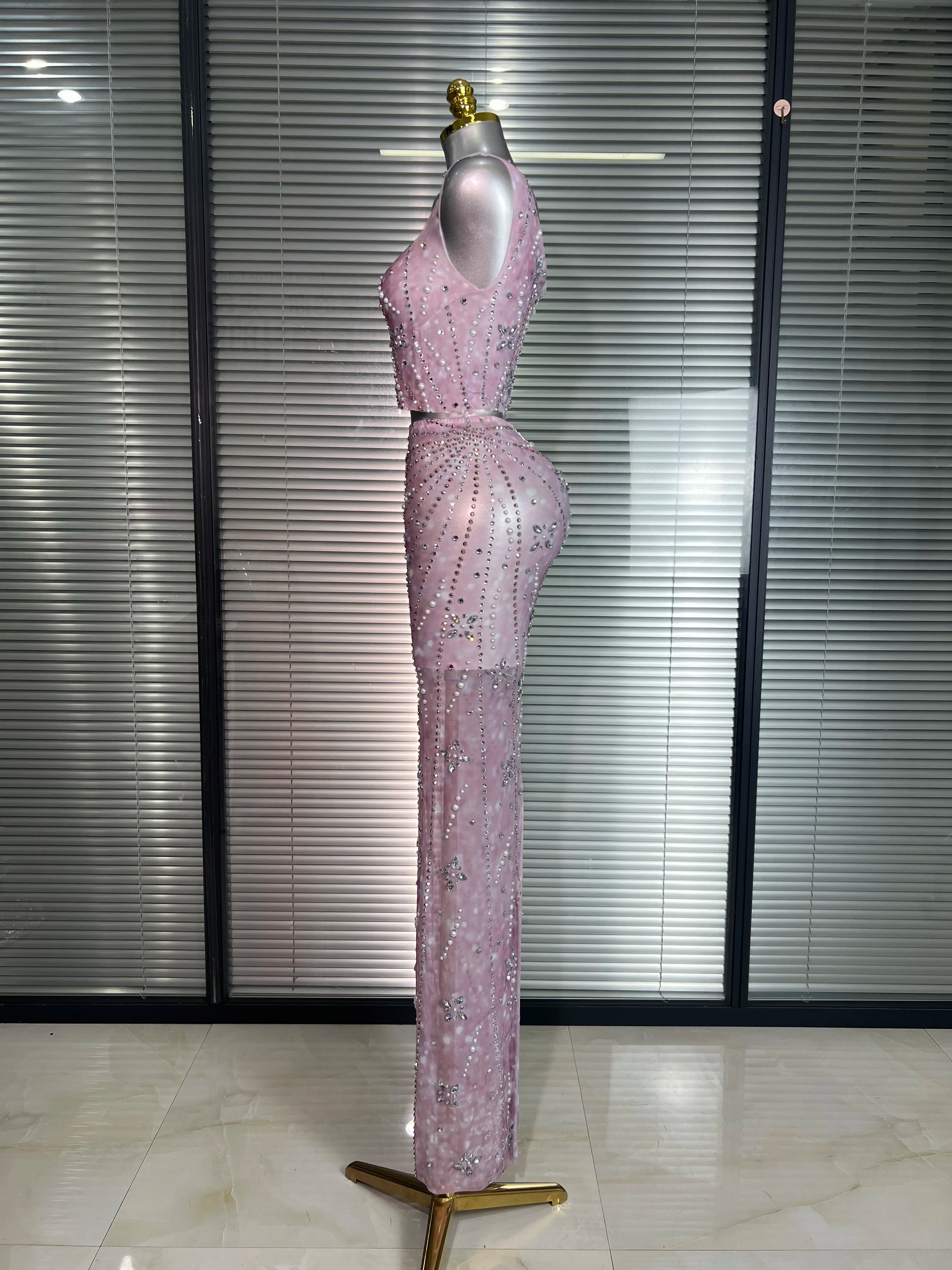 New Sexy Pink Two Pieces Set Women Celebrity Crystal Night Club Skirt Suits Singer Dancer Stretched Printed Stage Costume