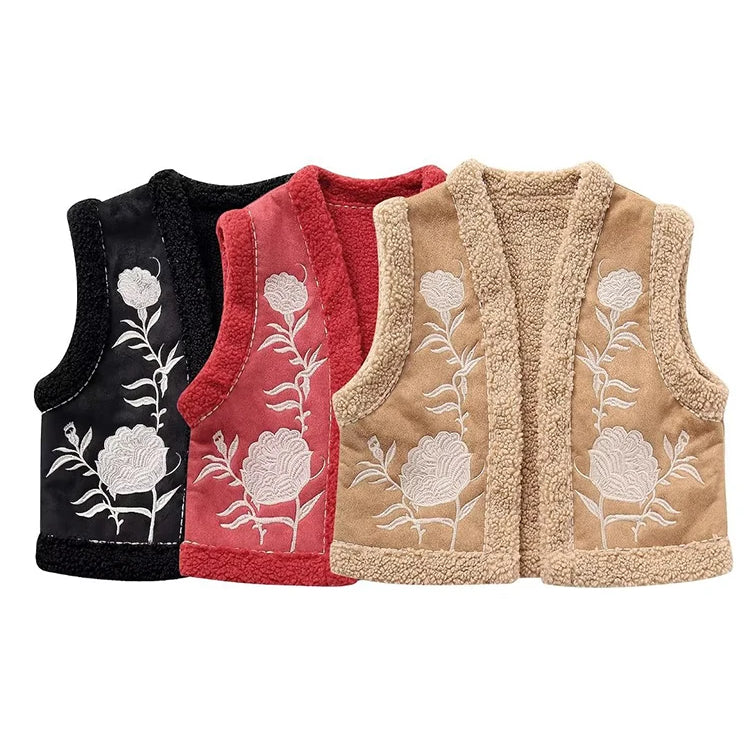 Women's Fashion Flower Embroidery Reversible Vest Vintage Suede Lamb Warm Vest Short Loose Sleeveless Vest Street Style Ves