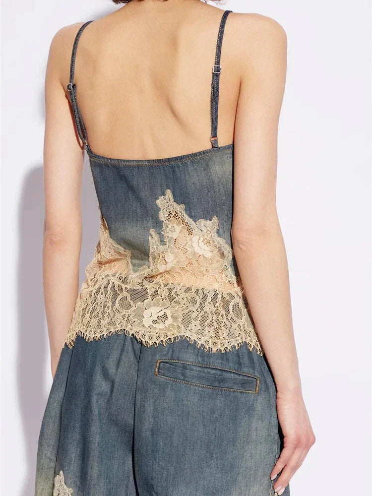 Spliced Lace Denim Two Piece Set For Women V Neck Sleevelss Top High Waist Knee Length Pant Streetwear Sets Female