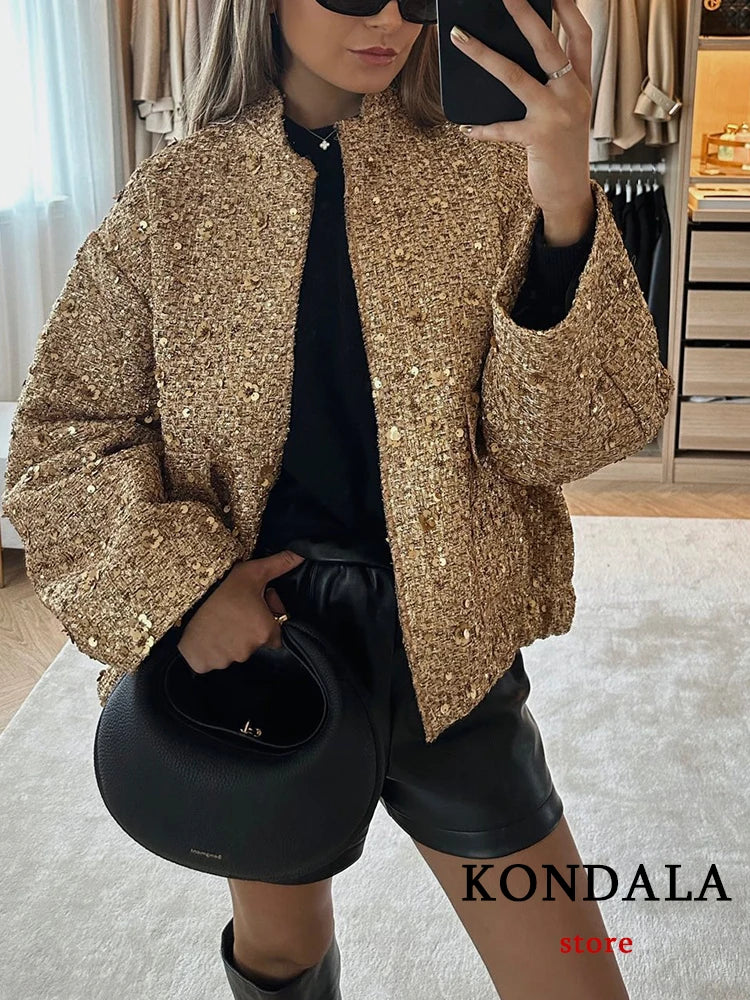 Streetwear Golden Sequined Oversized Jackets Women Long Sleeve Zipper Thick Coats Fashion Autumn Winter Outwears