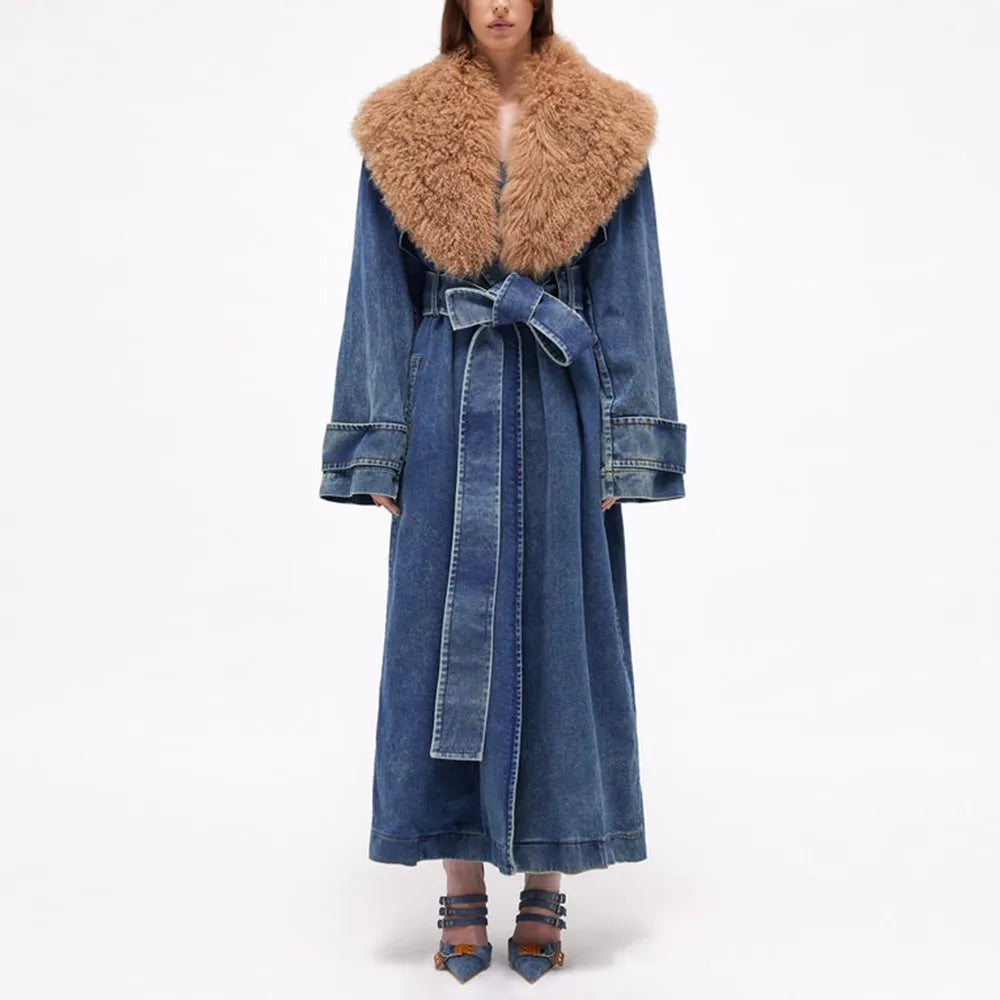 TWOTWINSTYLE Colorblock Patchwork Lace Up Denim Coat For Women Fur Collar Long Sleeve Loose Casual Trench Female Fashion Style