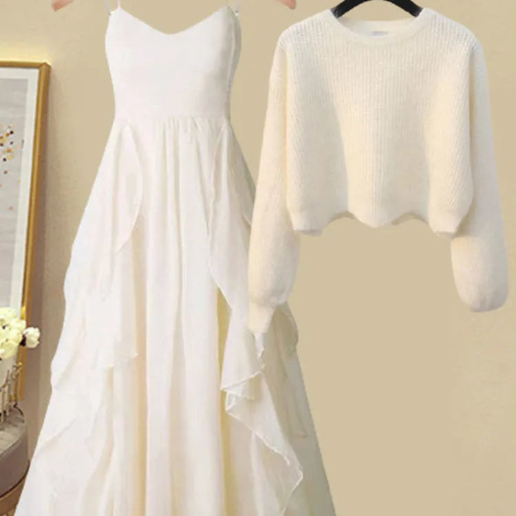 Women Spring Two Pieces Sets Korean Long Sleeve Knitted Sweater Cardigan And Ruffles Patchwork Mesh Long Dress Suit
