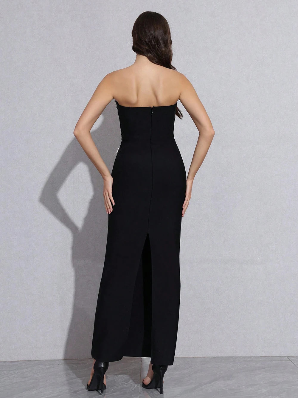 High Quality Sexy Strapless Diamond Sequin mesh Patchwork Bodycon Bandage Long Dress Women Fashion Celebrate Evening Party Gowns