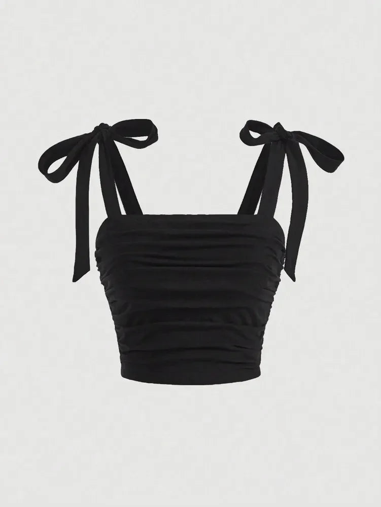 Solid Tie Shoulder Ruched Wide Strap Slim Fit Crop Top for Women Summer Y2K Clothes Pink Backless Cami Top Streetwear black