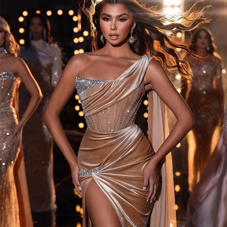 Luxury Diammonds High Slit One Shoulder Long Ribbon Velvet Strapless Floor Length Dress Celebrity Party Dress Birthday Vestido