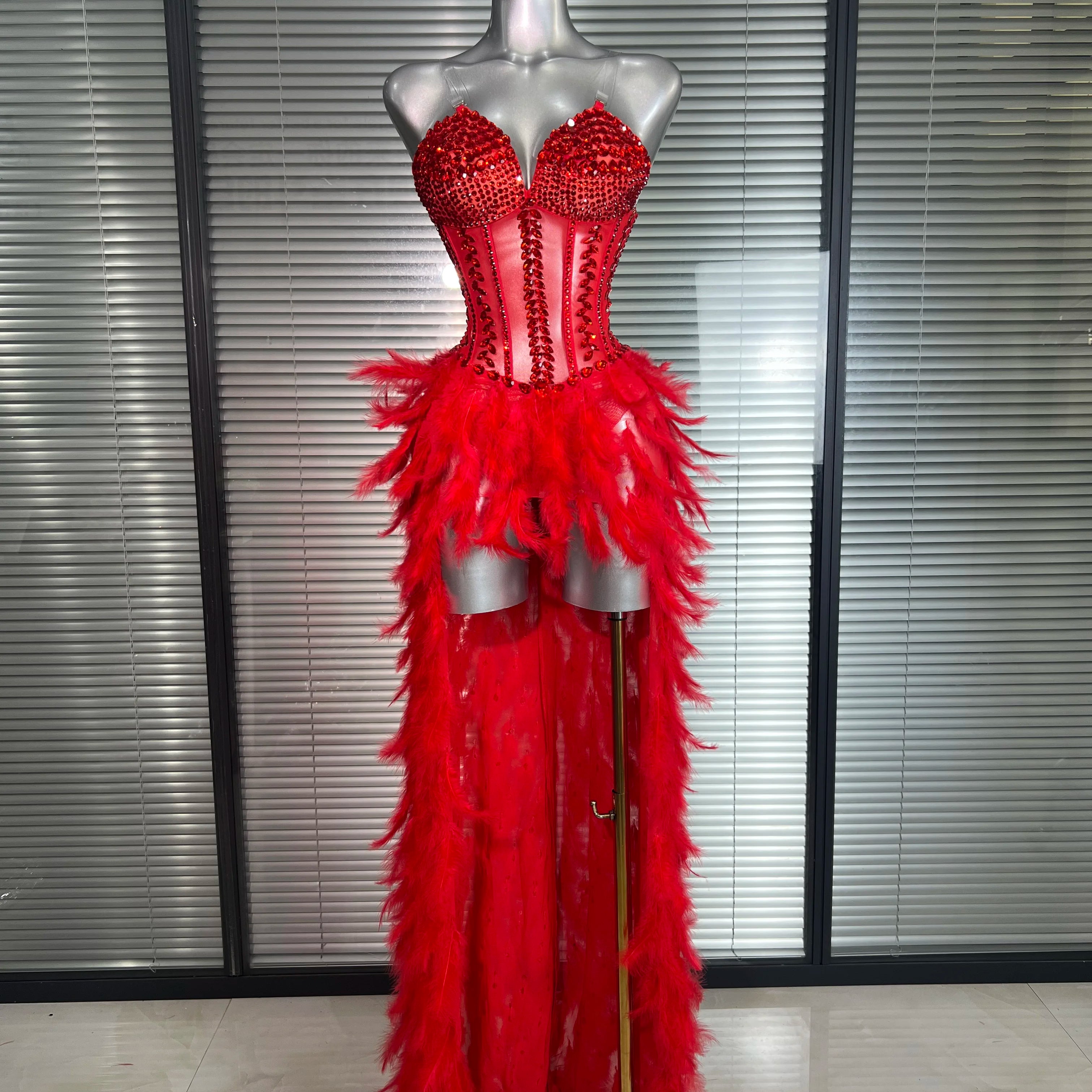 Women Sexy Mesh Feathers Stage Costume Stage Red Stretchy Night Club Bodysuit Party Maxi Dress