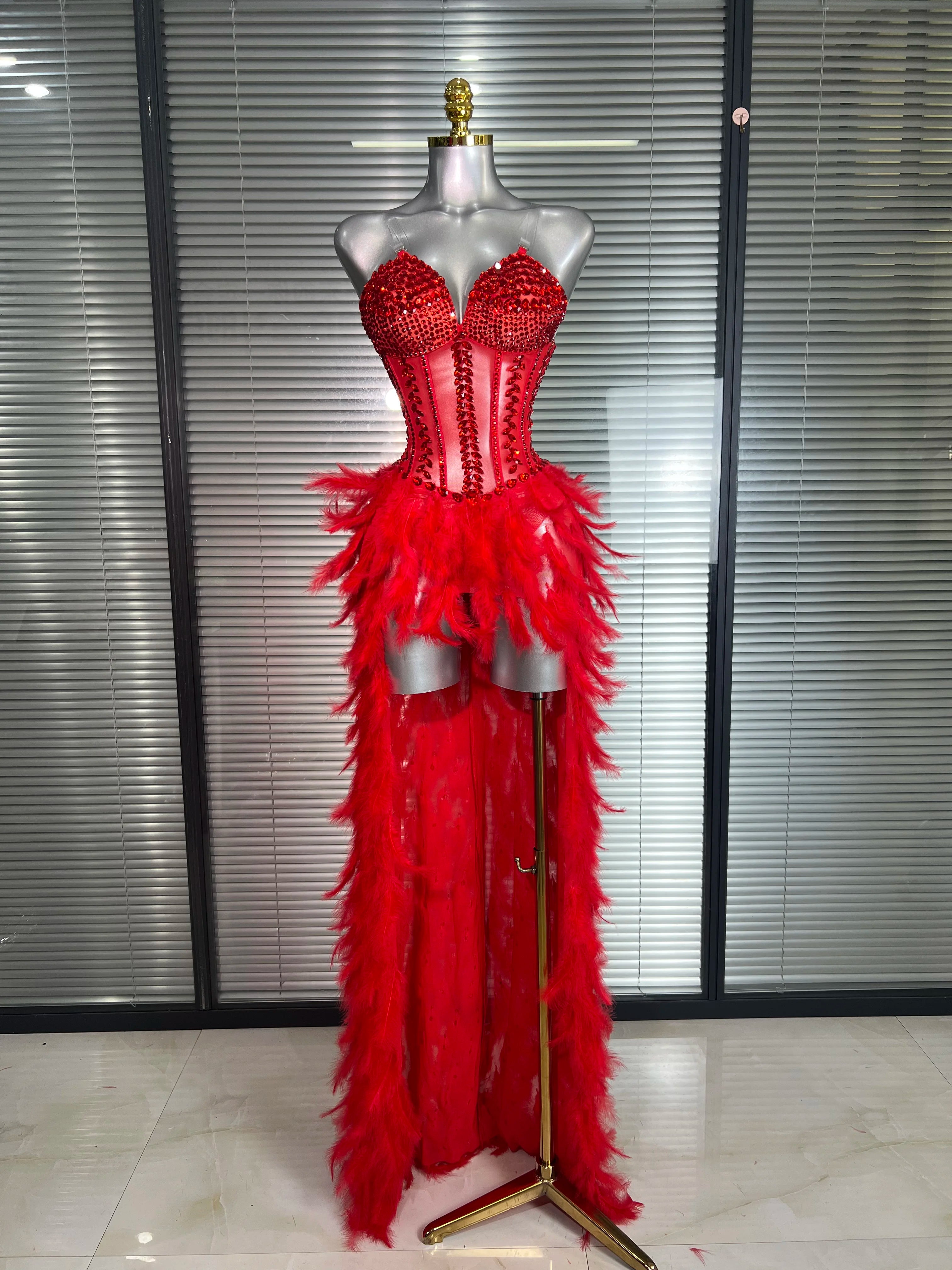 Women Sexy Mesh Feathers Stage Costume Stage Red Stretchy Night Club Bodysuit Party Maxi Dress