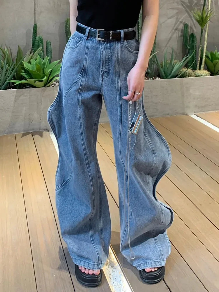 Irregular Spliced Pockets Jeans High Waist Patchwork Zipper Vintage Minimalist Wide Leg Jean Female Fashion Clothes